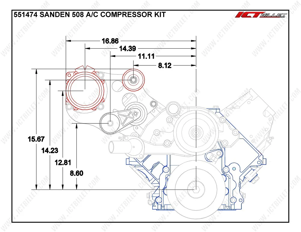 ICT Billet LS Corvette - Sanden 508 A/C Air Conditioner Compressor Bracket Kit| LS AC GTO - Image 4