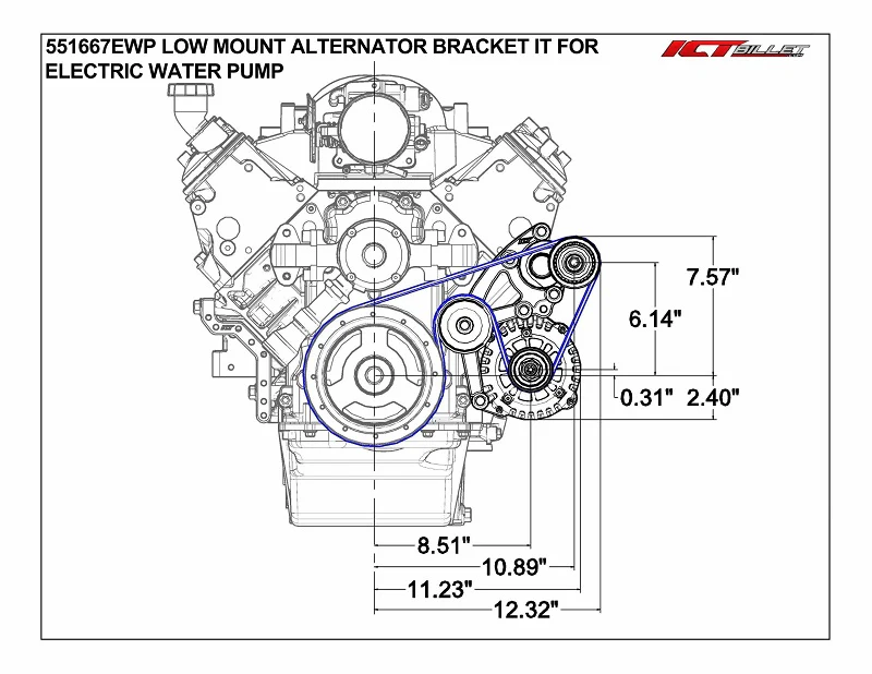 ICT Billet LS Low Mount Alternator Bracket for Electric Water Pump w/ Tensioner| Corvette - Image 3
